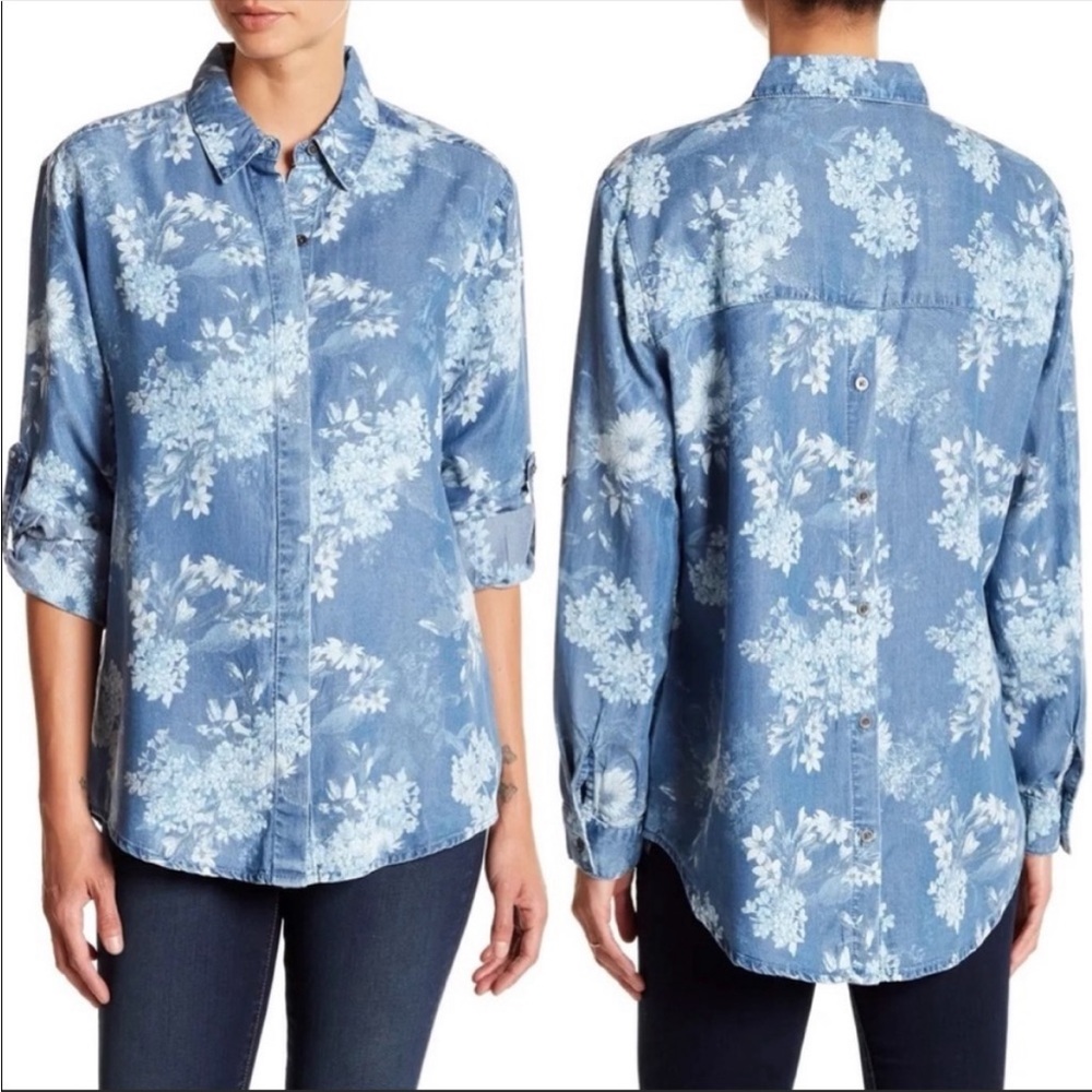 Kut from the Kloth Chambray Shirt Floral Print Large